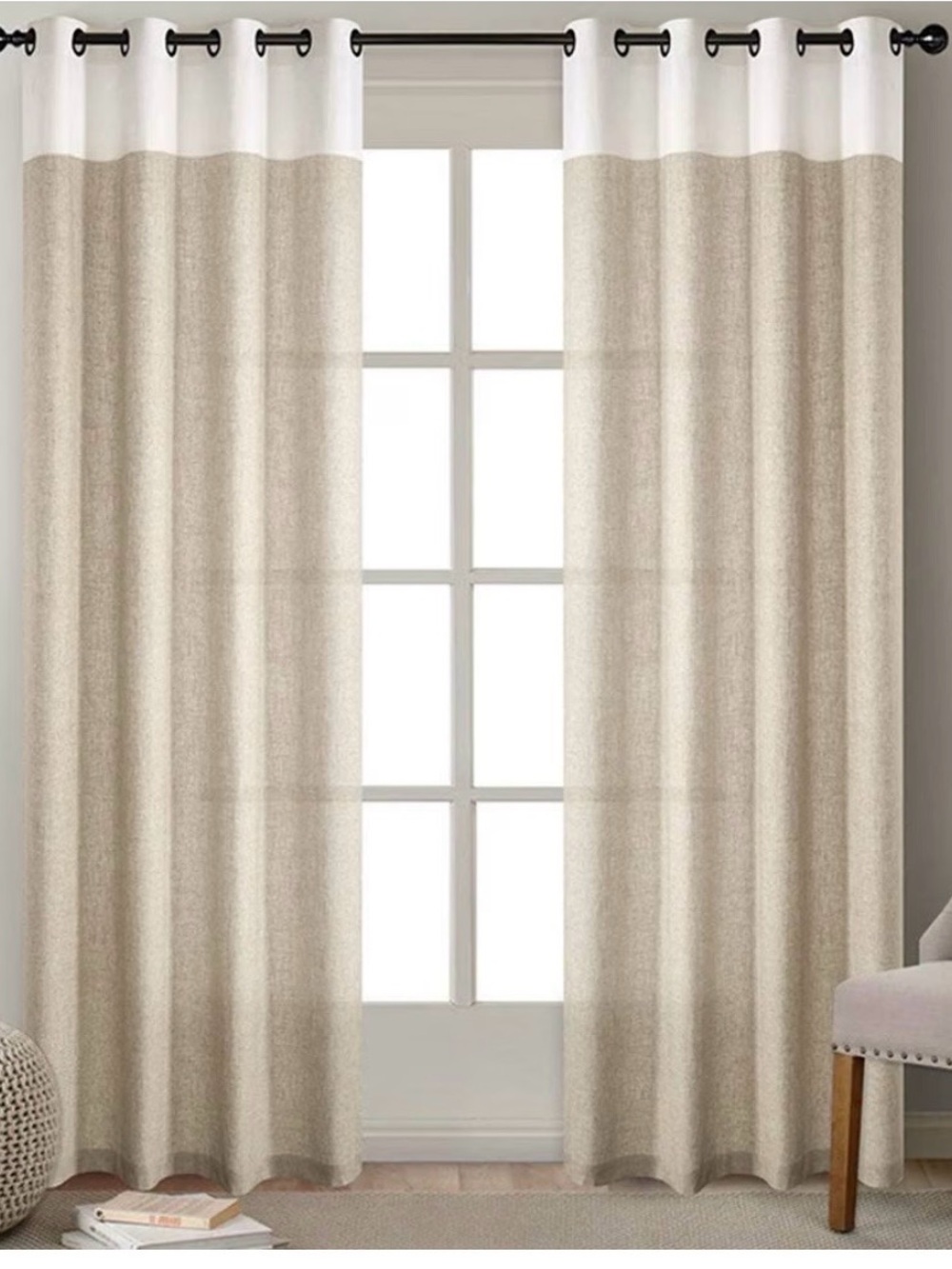 Neutral Two-Tone Window Curtain Panels - Beige and White